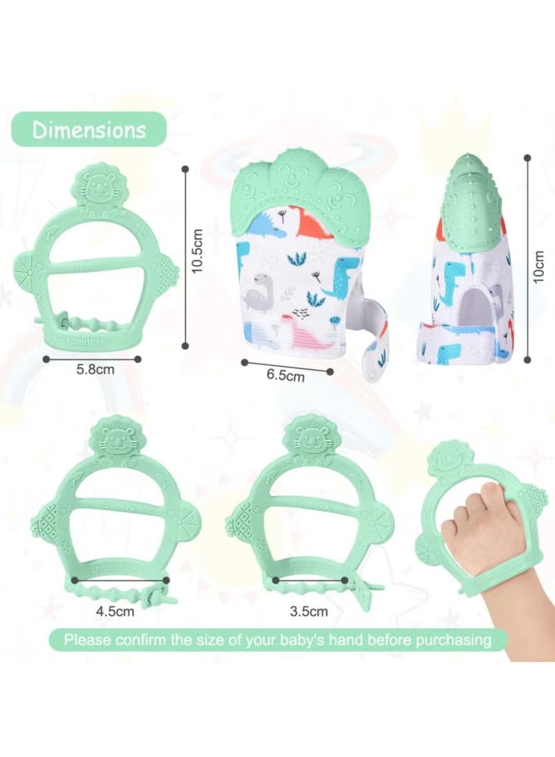 ColaBear 2Pcs Silicone Teething Mitten Set, Baby Teething Toy with Lion & Dinosaur Pattern, Toddler Teething Gloves with Adjustable Strap, Crinkle Sound, Self Soothing Baby Chew Toys for Infants (Green) - Image 2